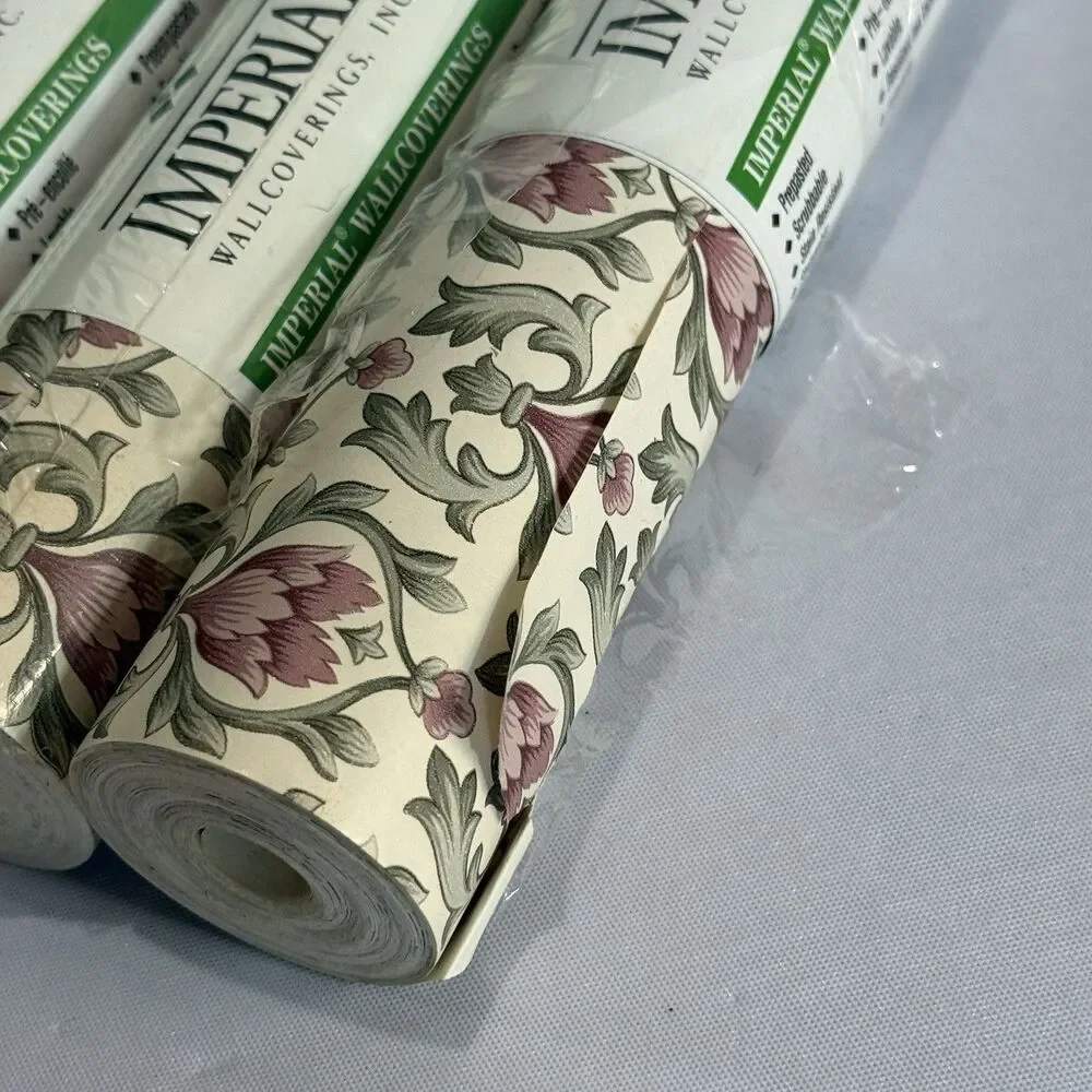 6 Rolls Vintage Imperial Wallpaper Floral Damask Mauve Pink Green Cottagecore